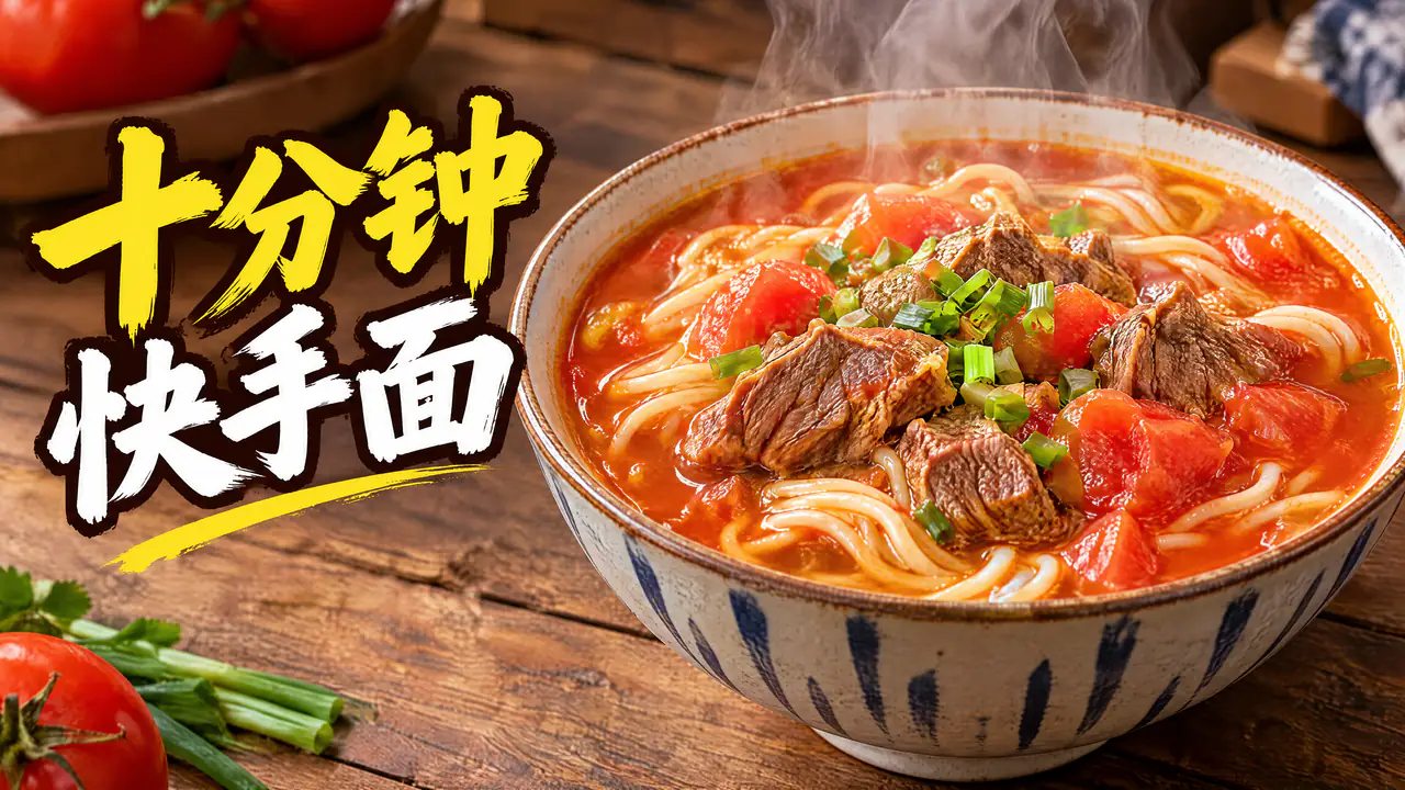 나무 탁자 위 김이 나는 토마토 소고기 국수와 왼쪽의 큰 중국어 제목 “十分钟快手面”이 있는 AI 생성 16:9 요리 영상 썸네일